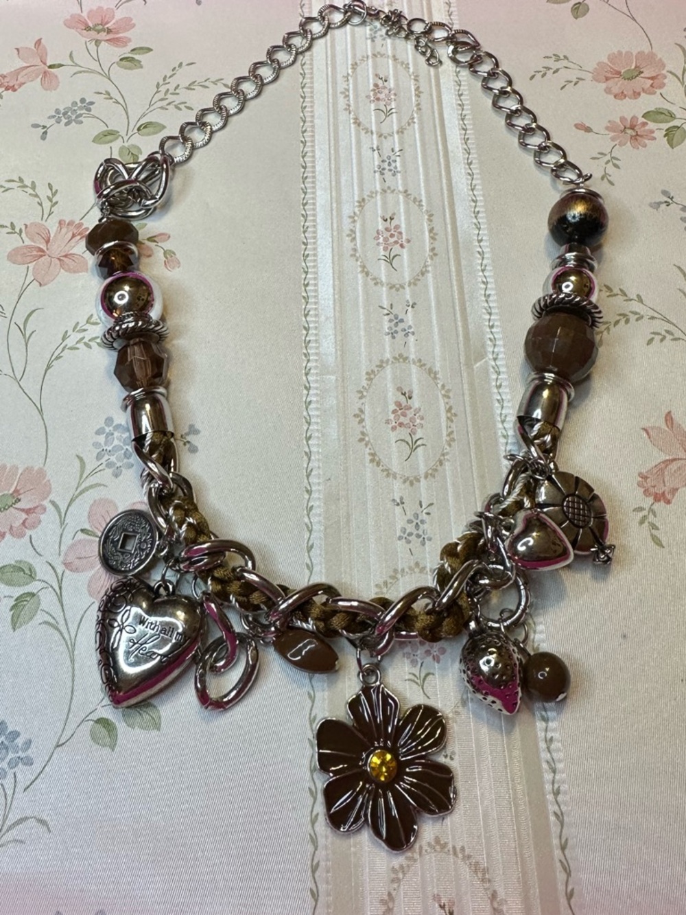 Brown Beaded Charm Necklace with Flower Pendant